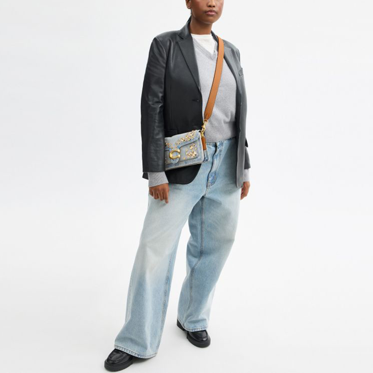COACH Tabby 26 Imitation Crystal Denim Fabric Crossbody Shoulder Bag Medium Size Women's Silver