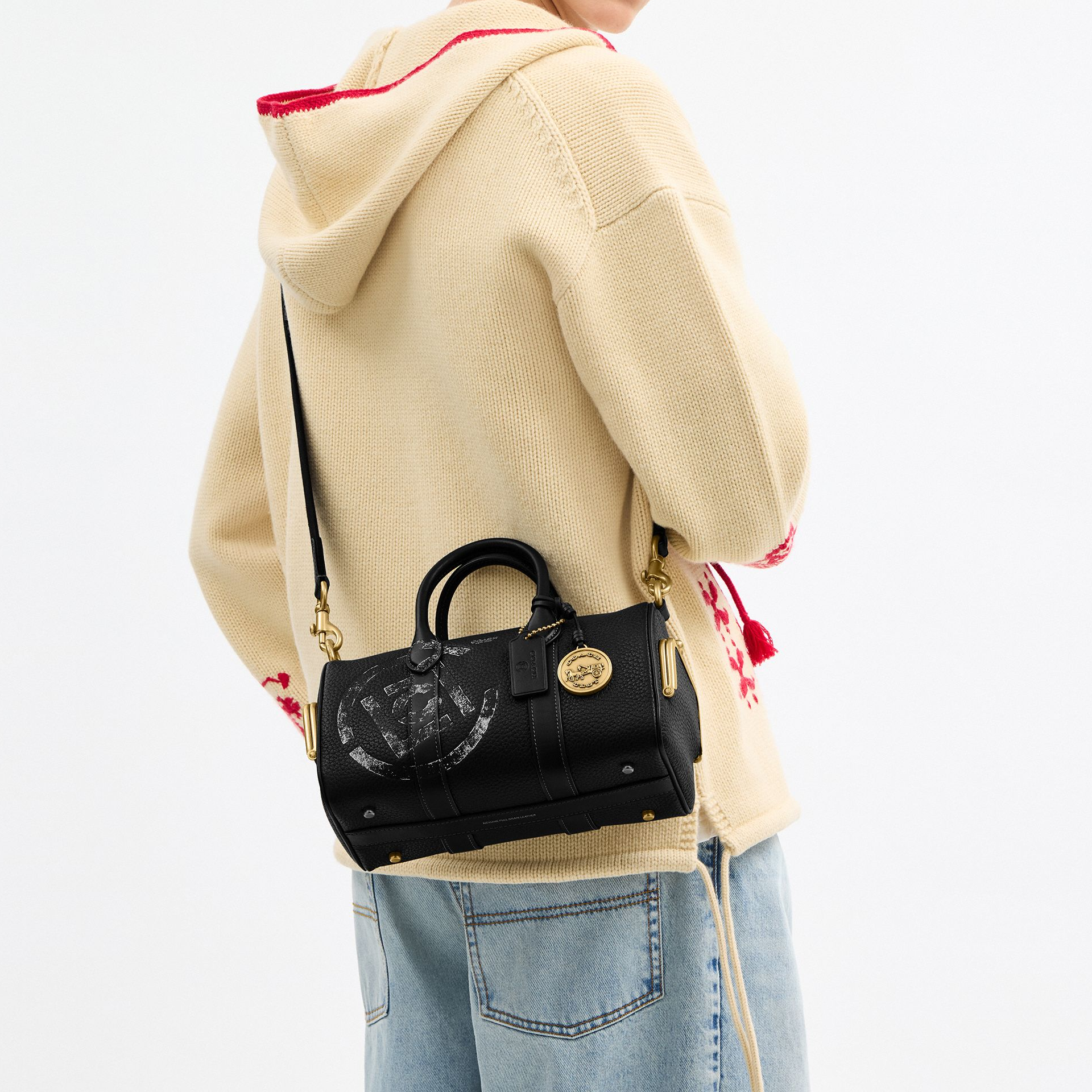 COACH x CLOT Collaboration COMPASS 25 Printed Design Zipper Closure Leather Handbag Medium Women's Mixed Black