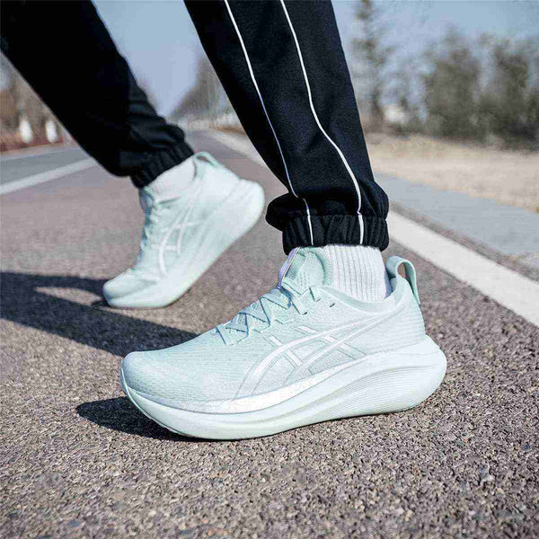 ASICS Gel-Nimbus 27 lightweight mint green running shoes with PureGEL cushioning and FF Blast+ flexible sole