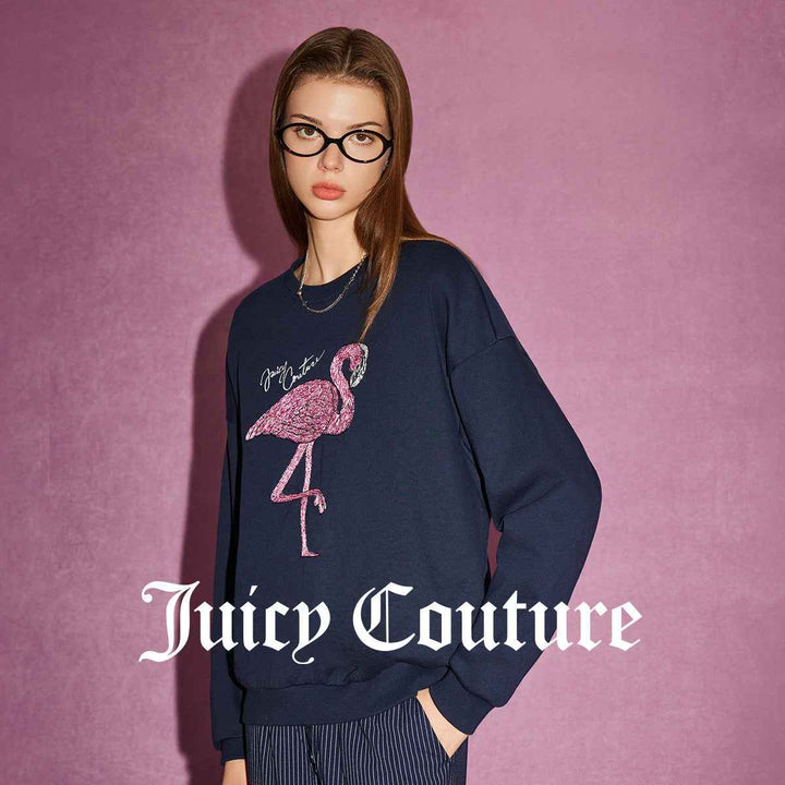 Juicy Couture navy sweatshirt with pink flamingo embroidery, stylish casual wear.