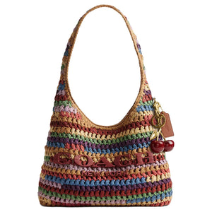 COACH Brooklyn 28 Woven Design Magnetic Closure Straw Weave Cellulose Material hobo Bag Single Shoulder Bag Small Women's Multiple Colors