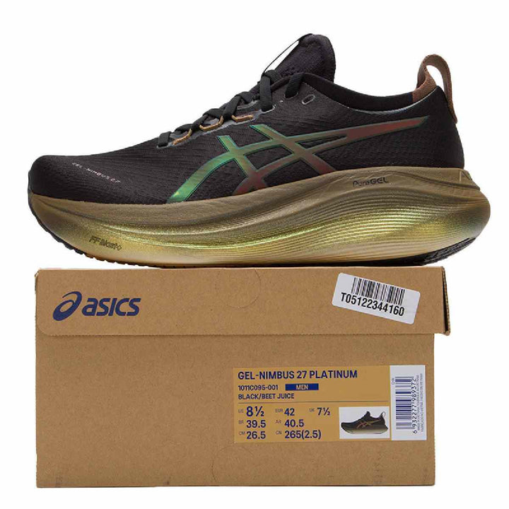 ASICS Gel-Nimbus 27 black shoe with bronze accents on box, features PureGEL™ cushioning and FF Blast™+ technology.