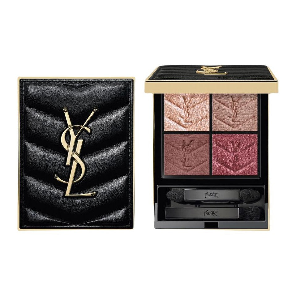 باليت ظلال عيون رباعية بشعار YSL مغلقة ومفتوحة بدرجات وردية وتوتية
