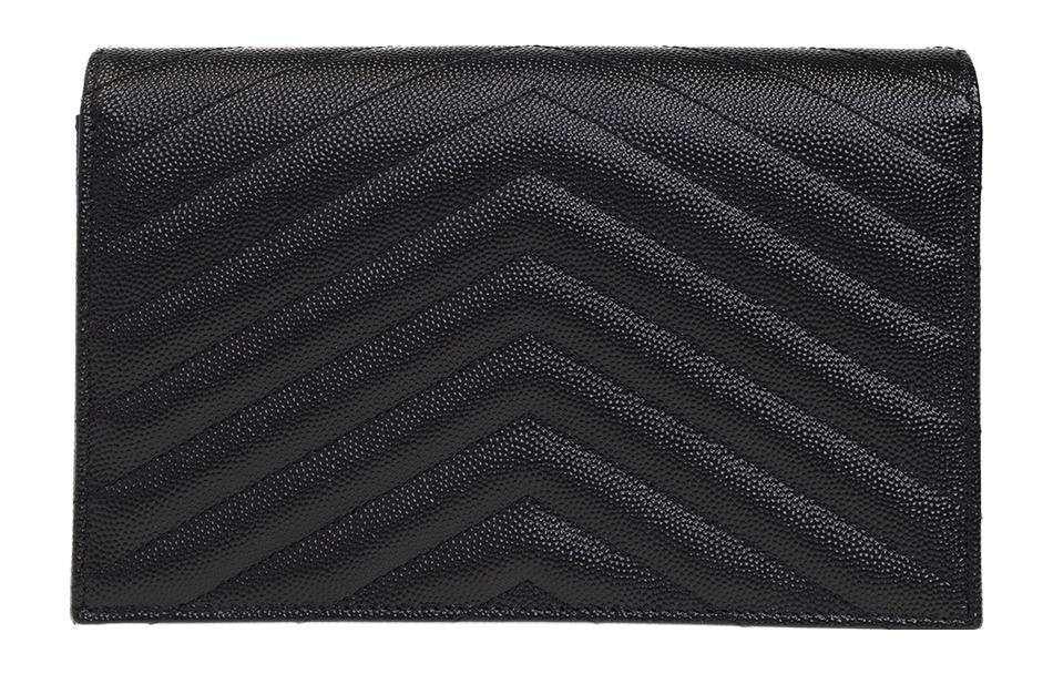 حقيبة Saint Laurent Monogram جلد أسود مع سلسلة سوداء.