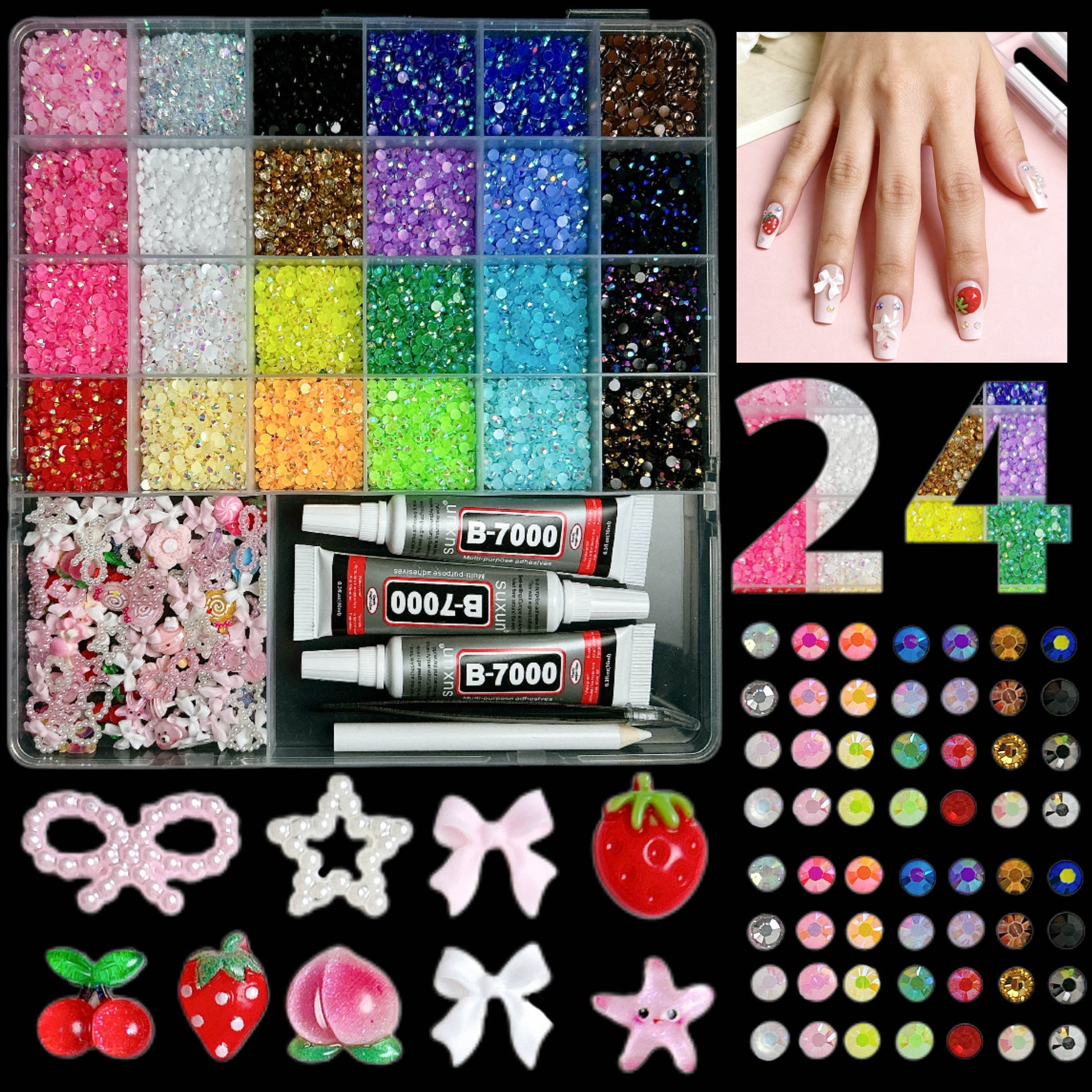 24 grid nail art kit with rhinestones and charms - أحجار الراين 24 خانة مع فصوص كريستالية وأشكال