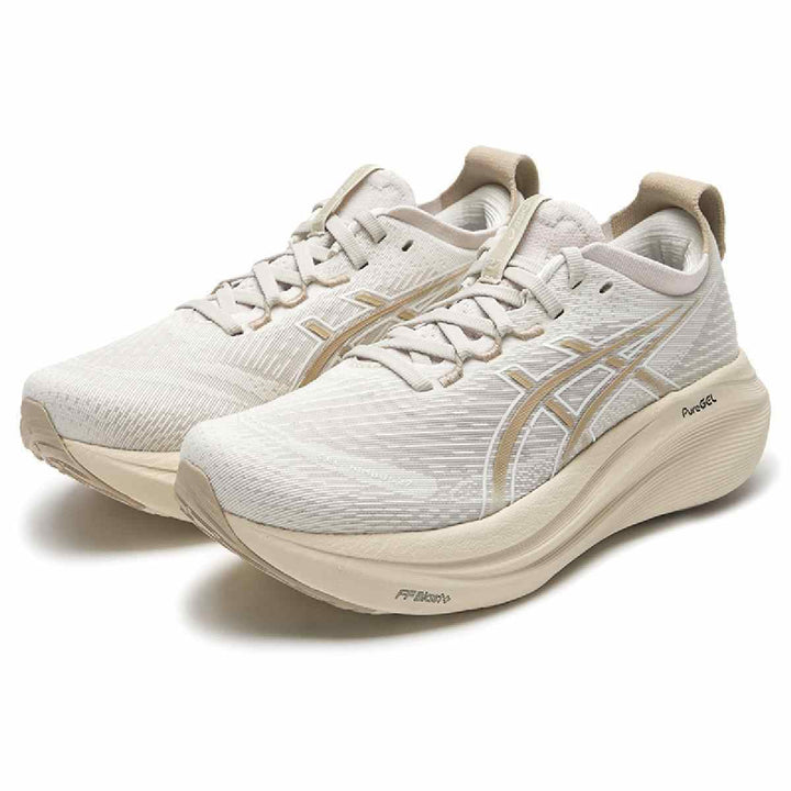 ASICS Gel-Nimbus 27 beige sneakers with advanced cushioning and sleek design.