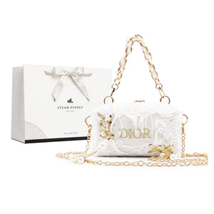 DIOR [Custom Makeup Bag] Steam Puppet Armstanton Love Letter Metal Chain Plant Fiber Low Luxury Artistic Style Portable Storage Shoe Crossbody Handbag Platinum