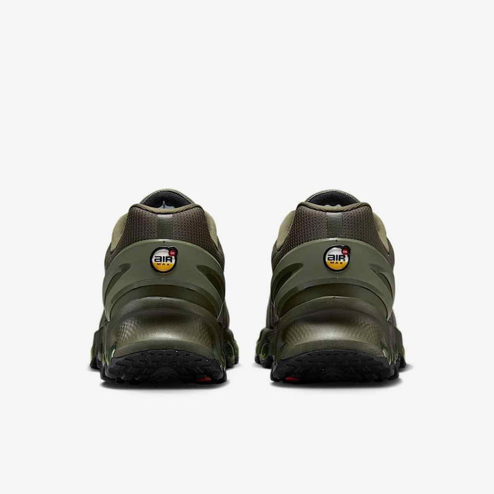 Nike Air Max DN 8 Olive Green sneakers, dynamic air system, back view.