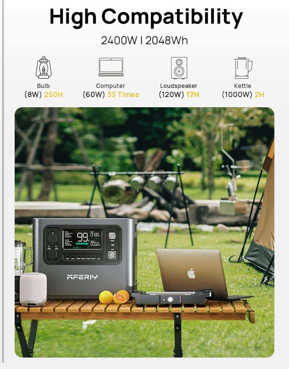 محطة الطاقة المحمولة AF-P210 بقوة 2400W مع لوح شمسي 400W من AFERIY.
