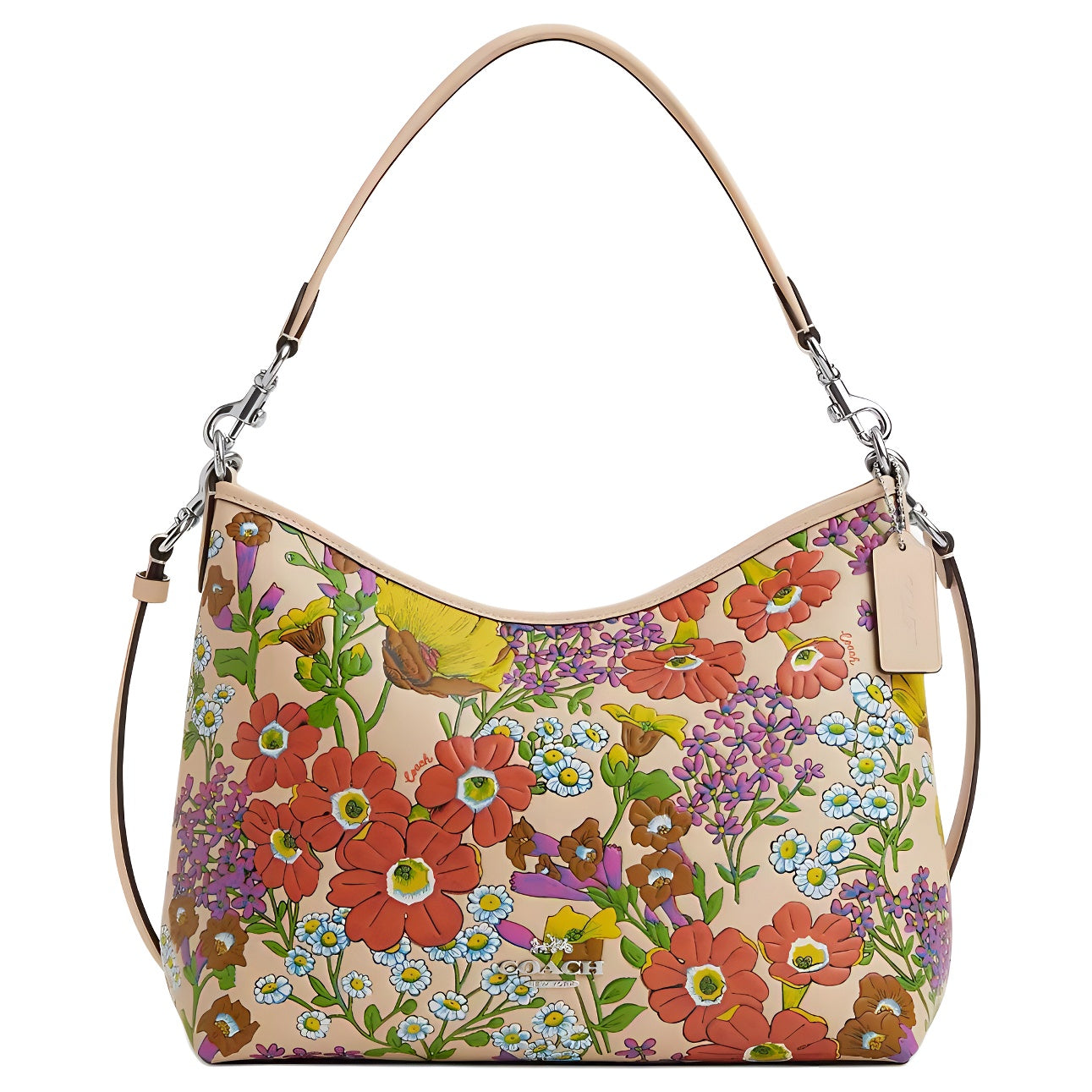 COACH Laurel 31 floral print smooth leather hand-carry shoulder bag, large size for women, silver patch ivory color multi-color