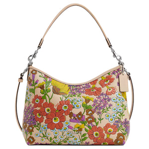 COACH Laurel 31 floral print smooth leather hand-carry shoulder bag, large size for women, silver patch ivory color multi-color