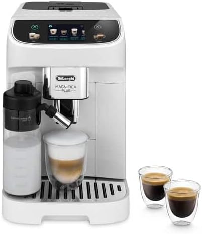 DeLonghi Magnifica Plus white espresso machine with integrated milk frother and touchscreen display brewing coffee with two extra espresso cups beside it