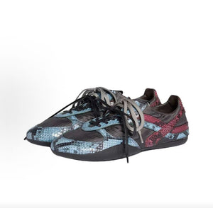 MIU MIU Gymnasium Leather Python Print Round Toe Lace-up Low-top Casual Shoes for Women, Blue