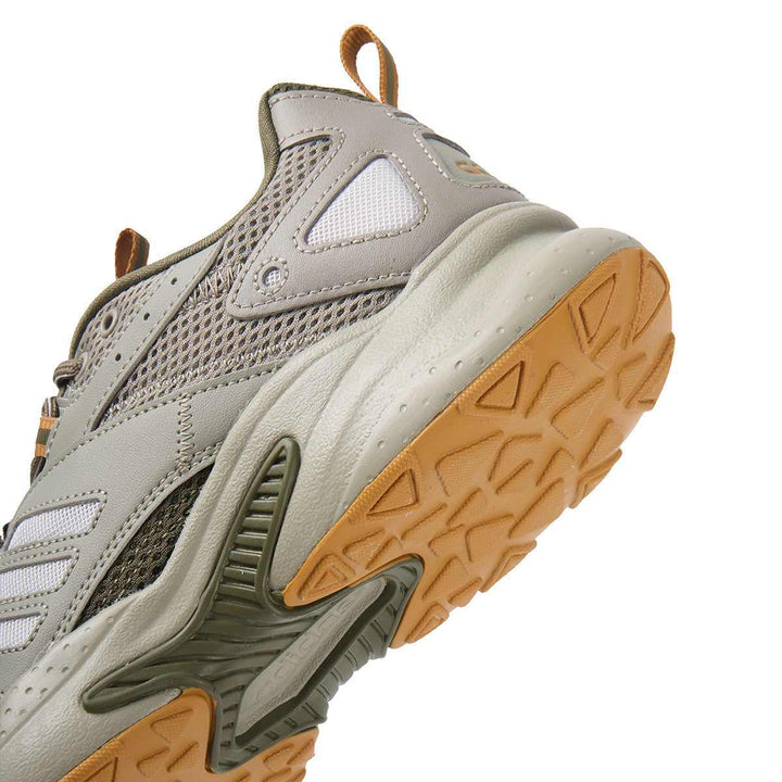 adidas JZ Runner shoe in olive, gray, and orange with durable mesh and leather details, showcasing its rugged sole for excellent grip.