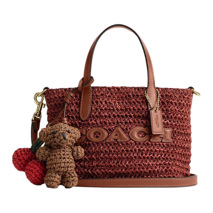 COACH City 15 Brand Logo Detachable Shoulder Strap Straw Textured Calfskin Tote Tote Mini Women's Straw Color Combination Reddish