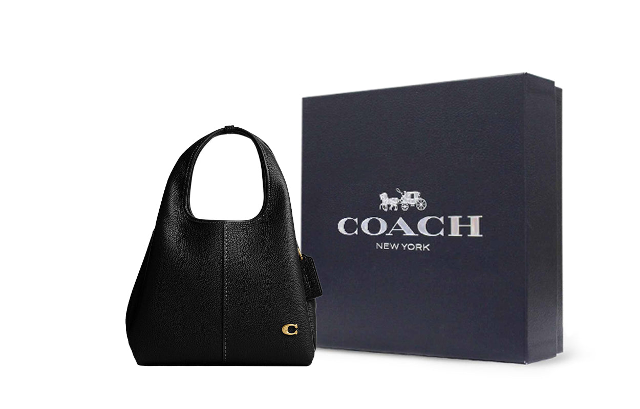 COACH Lana 23 Solid Gold Label Zipper Quilted Hardware Buckle Pebble Pattern Leather Single Shoulder Handbag Medium Size Women's Black