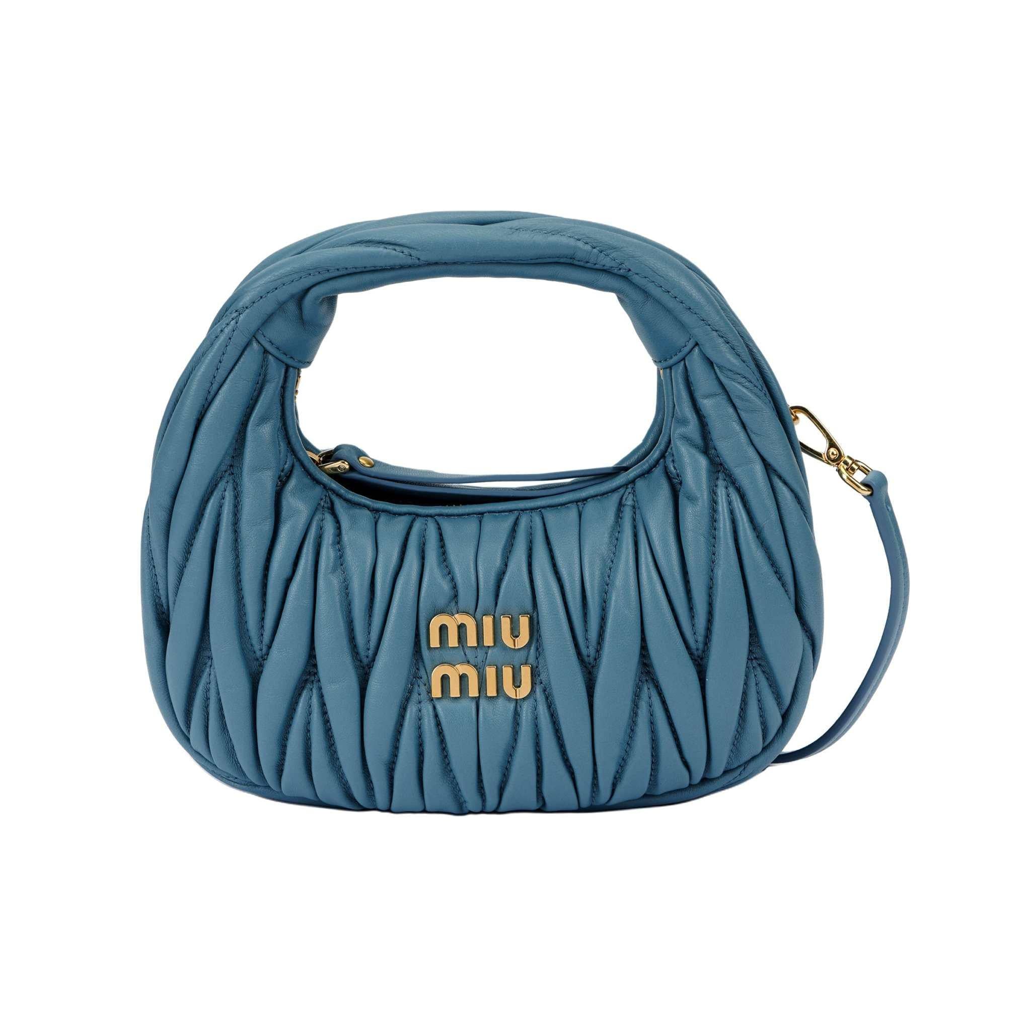 MIU Miu Wander Matelassé Hobo Bag Shoulder Crossbody Mini Blue.