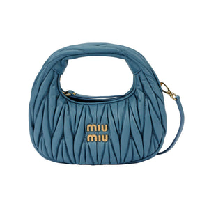 MIU Miu Wander Matelassé Hobo Bag Shoulder Crossbody Mini Blue.