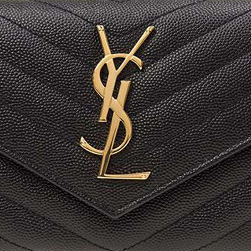 محفظة Saint Laurent جلد أسود بشعار ذهبي.