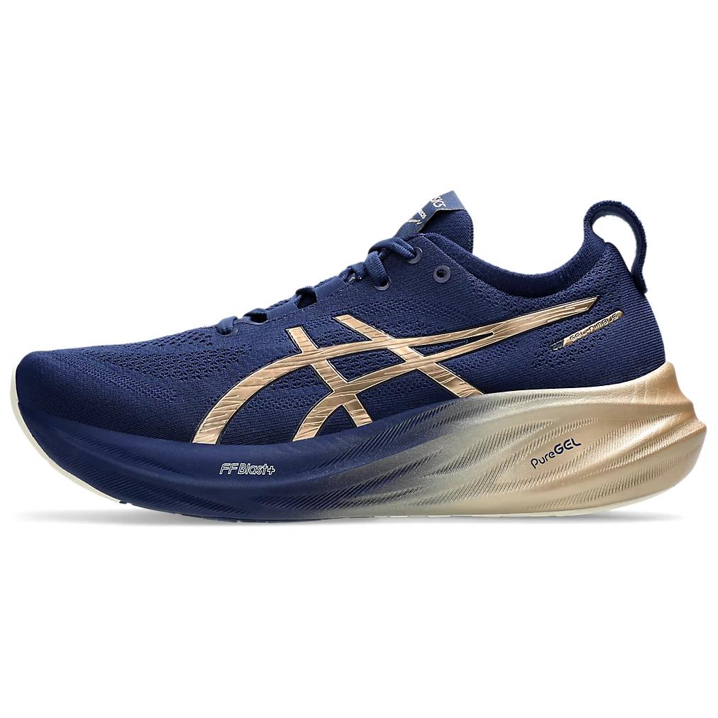 حذاء رياضي ASICS GEL-Nimbus 26 بتقنية FF Blast+ لون أزرق وذهبي