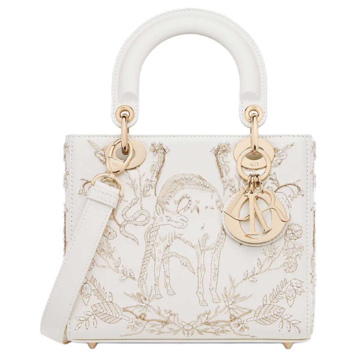 حقيبة Lady Dior المطرزة باللون الأبيض الفاخر