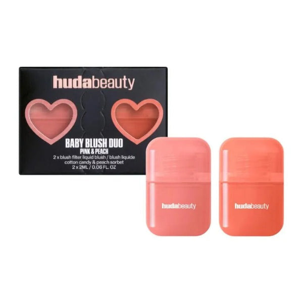 Huda Beauty Baby Blush Duo pink and peach cream blush set with compact black packaging and heart-shaped windows