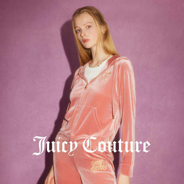 Pink velvet jacket with Juicy Couture embroidery and gold zipper.