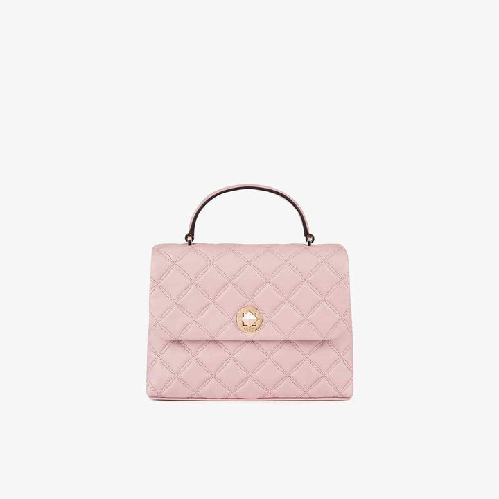 Kate Spade classic pink quilted handbag with gold logo closure.