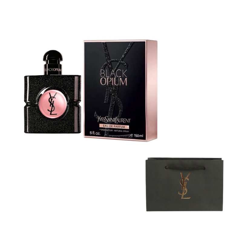 عطر بلاك اوبيوم مع علبته وحقيبة خضراء من زاوية أخرى