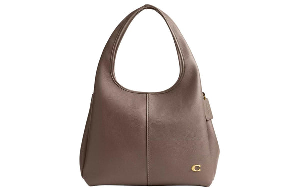 COACH Lana 34 Solid Gold Logo Zip Compartment Quilted Buckle Polished Pebble Leather Shoulder Bag Large Women's Brass with Blackstone