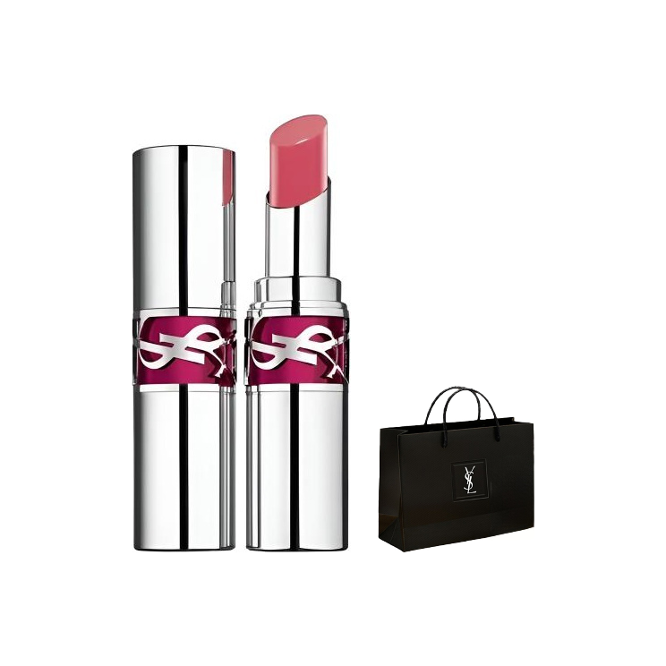 احمر شفاه لامع بشعار YSL مفتوح بدرجة وردية بجانب كيس هدايا أسود