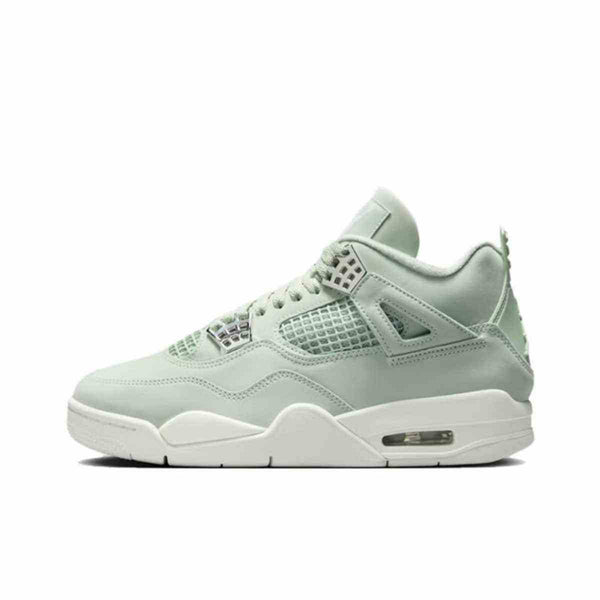Air Jordan 4 Retro in light seafoam green with metallic silver accents.