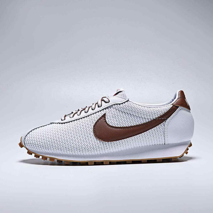 Nike LD-1000 vintage running shoe with wide heel and brown swoosh on white mesh upper