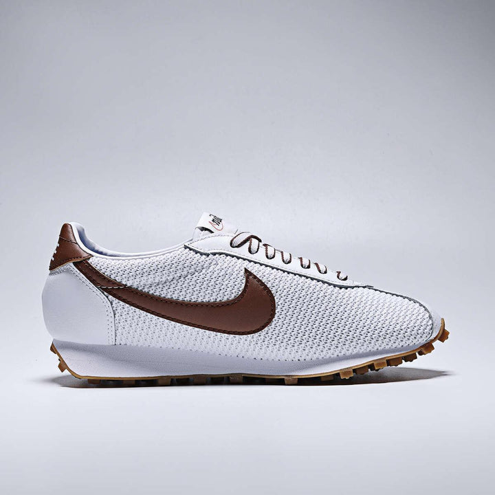 Nike LD-1000 white and brown running shoe with wide heel designed for long-distance runners.