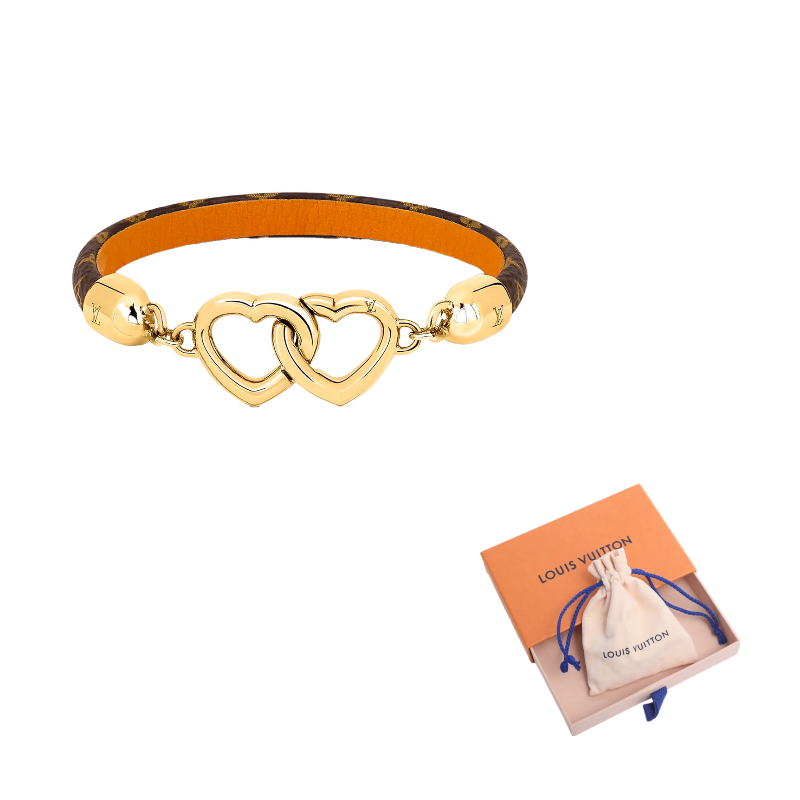 LOUIS VUITTON SAY YES Double Heart Embellished Canvas Cowhide Bracelet Women's Gold.