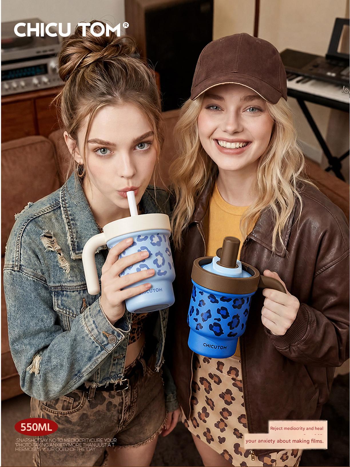 Qigutang Leopard Print Insulated Cup for Women, High-Value Water Cup with Straw, Insulated Coffee Cup, Office Tumbler
