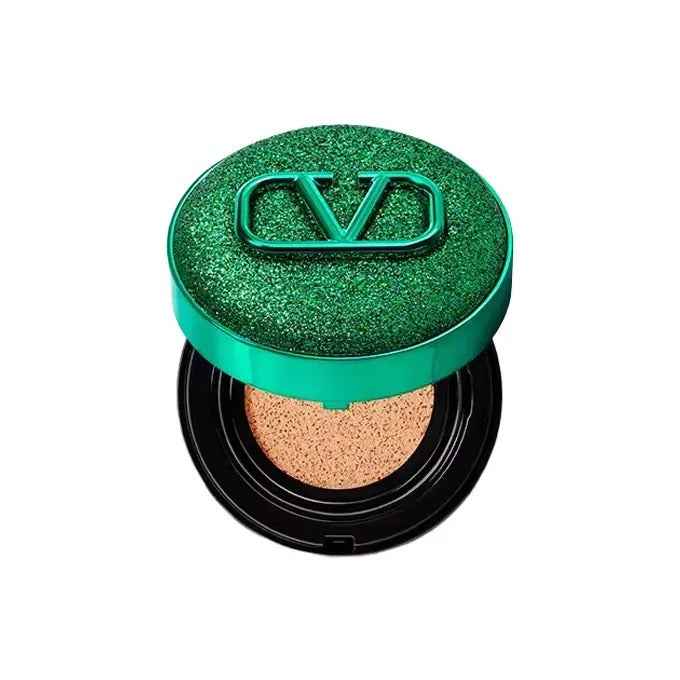 Valentino Beauty Limited Green foundation cream with glittery green compact and cushion applicator