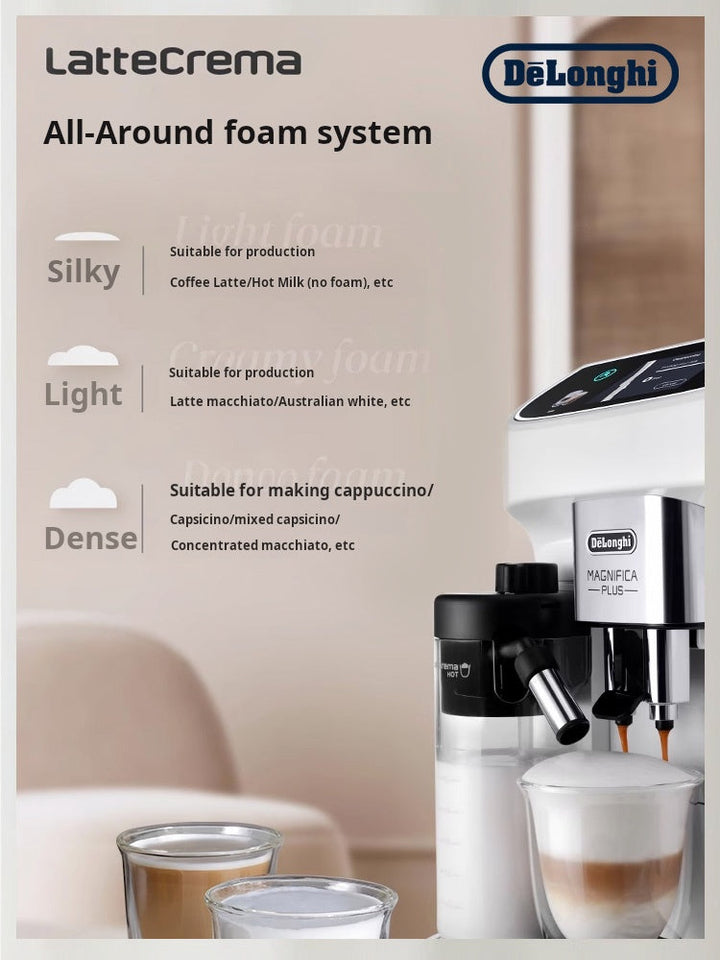 DeLonghi Magnifica Plus espresso coffee machine with integrated LatteCrema foam system and 3.5-inch touchscreen display in white.