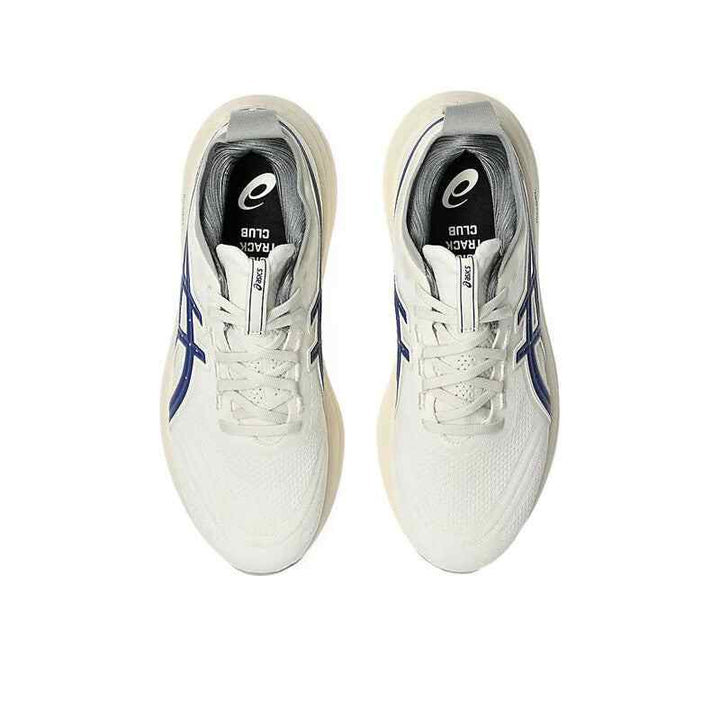 ASICS GEL-NIMBUS 27 running shoes with white mesh upper and blue accents.