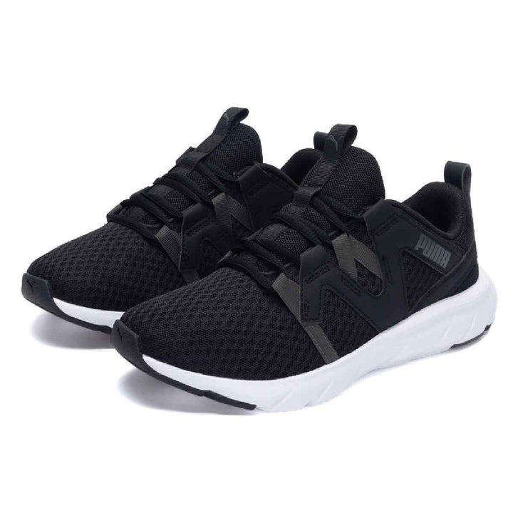 Puma black athletic shoes with gray stripes and white sole, unisex design, breathable mesh upper.