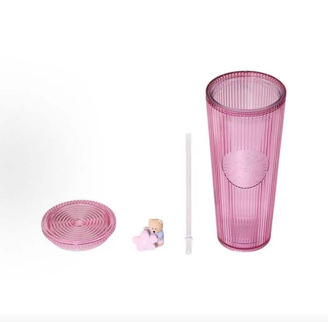 Starbucks Cherry Blossom Spring Series Straw Cup, Striped Plastic, Pink, 710ml