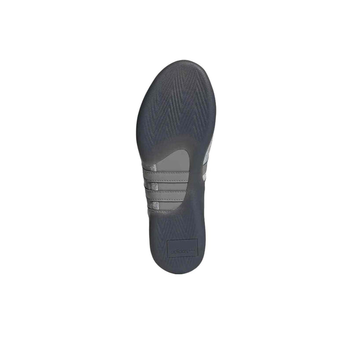 Sole view of Adidas Ballet Flats in grey with flexible grip and signature three stripes design
