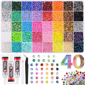 40 compartment colorful rhinestones kit with glue and tweezers - أحجار الراين 40 خانة وفصوص كريستالية