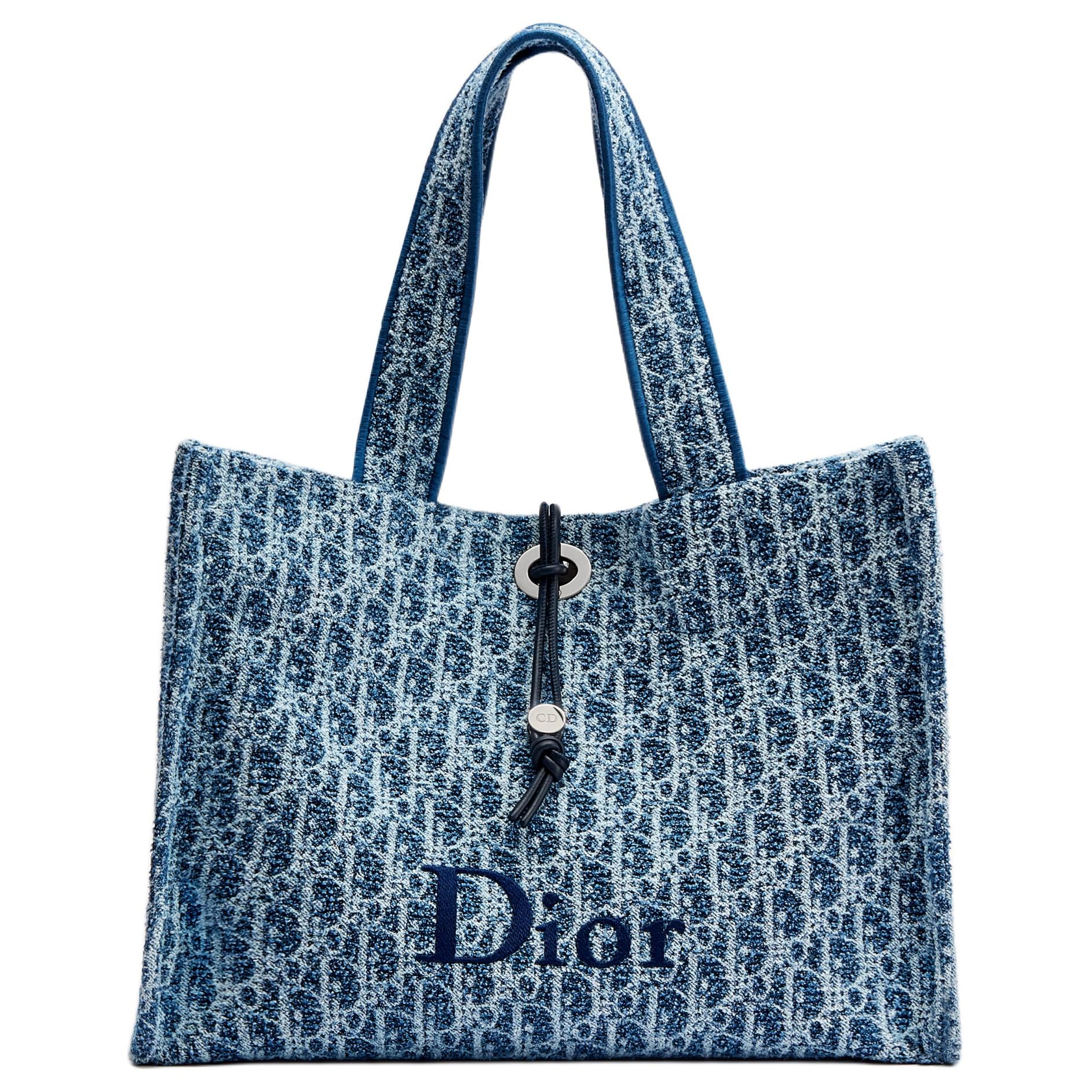 DIOR Dioriviera Spongy Book Tote Fluffy Logo Embroidered Printed Fabric Cotton Tote Handbag Medium Size Women's Blue
