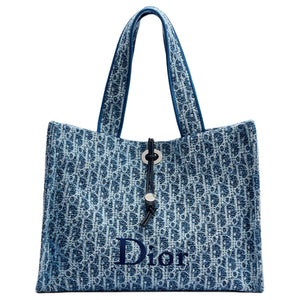DIOR Dioriviera Spongy Book Tote Fluffy Logo Embroidered Printed Fabric Cotton Tote Handbag Medium Size Women's Blue