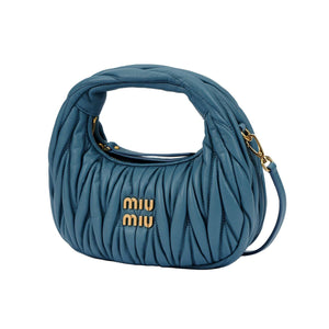 MIU Miu Wander Matelassé Hobo Bag Shoulder Crossbody Mini Blue.
