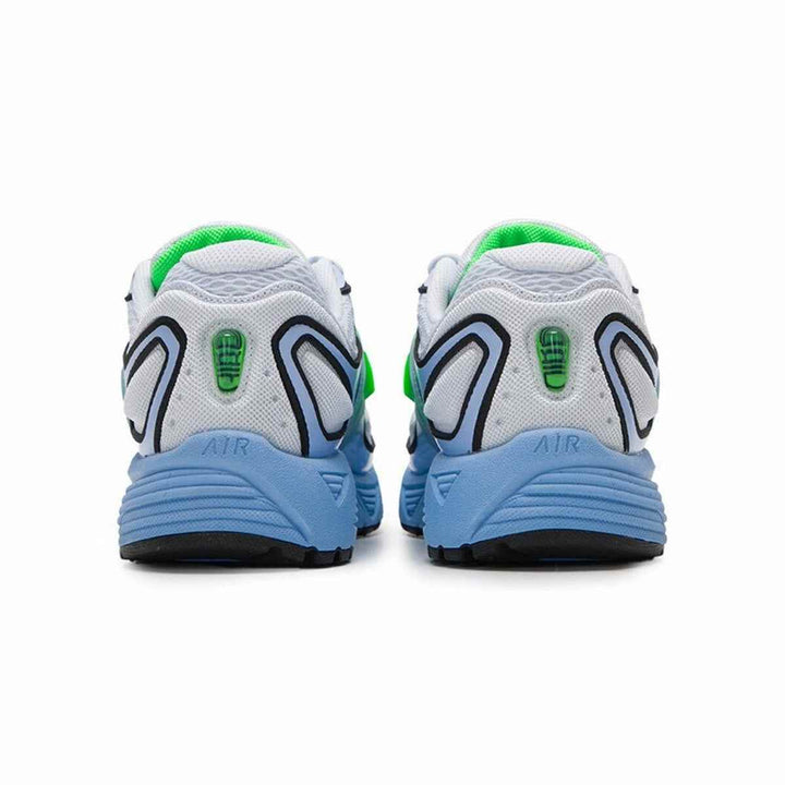 Nike Pegasus Sport sneakers with futuristic design, featuring bright green and light blue accents, full-length Nike Air cushioning, and durable outsole.