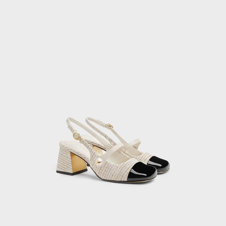 CHARLES&KEITH tweed Mary Jane shoes with wide heel and pearl detail.