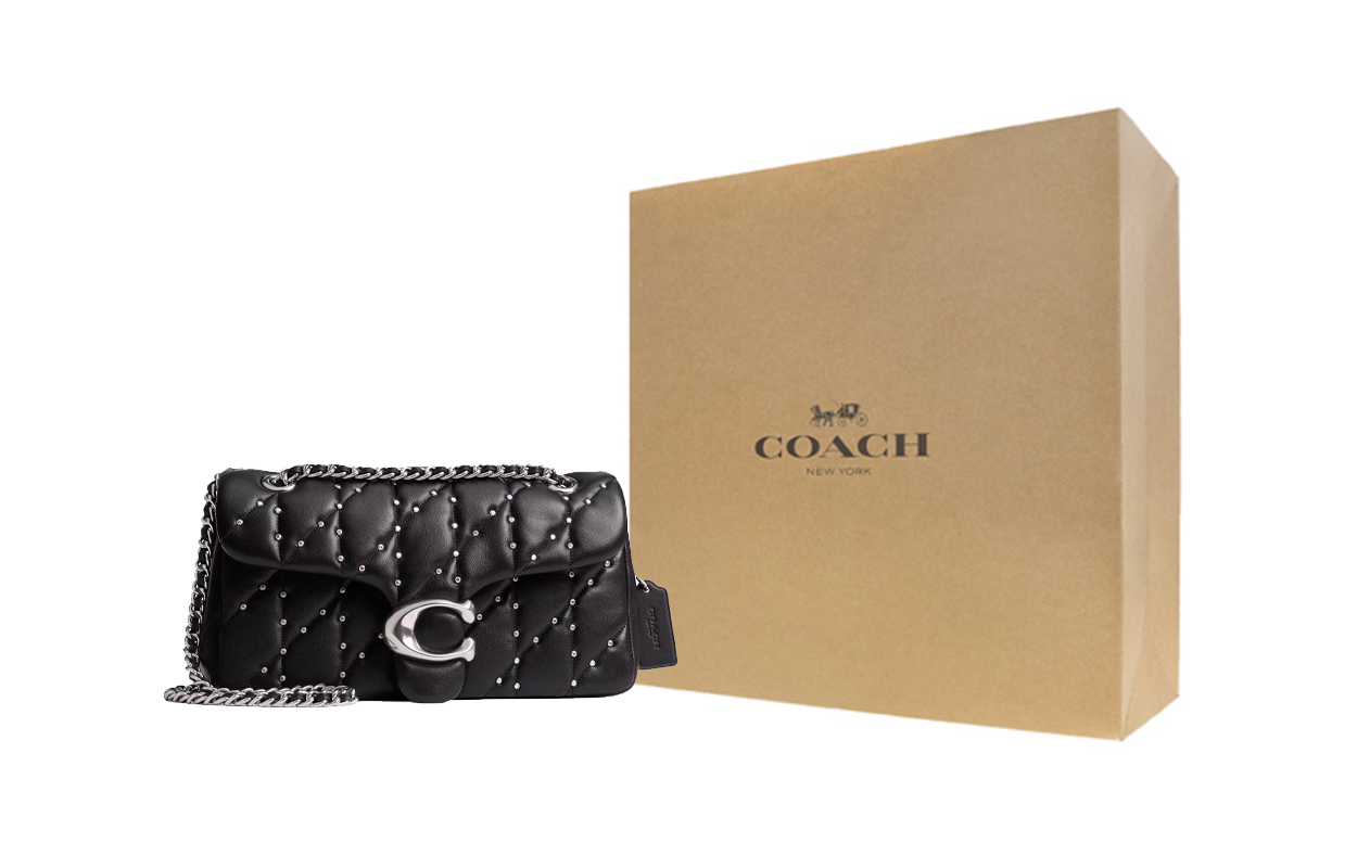 حقيبة كتف COACH جلد أسود مبطنة ومرصعة.