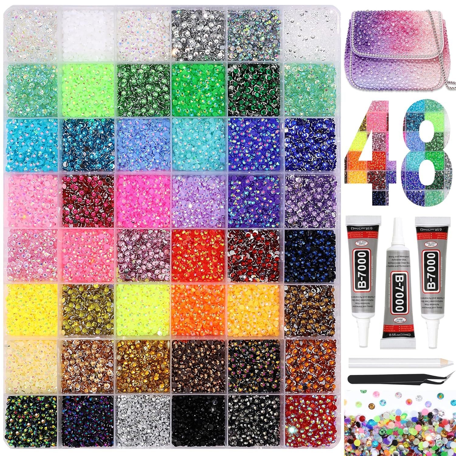 48 compartment flatback rhinestones kit - أحجار الراين 48 خانة وفصوص كريستالية